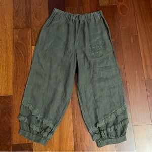 Balloon Linen Ruffle Hem Pants Bloomers Relaxed Crop Boho Green Free Size B26